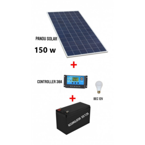 Kit Solar cu Panou Fotovoltaic 150W,Panou Solar Fotovoltaic, 150W, Dimensiune 1480 x 670 x 35 mm, 18 V, Controller 30A, Bec 12V si Acumulator 12V 7.2Ah IAU