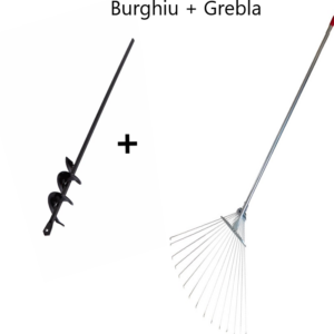 Oferta Promo - Burghiu Spiralat Pentru Pamant 4x45 cm, compatibil Pentru Bormasina + Grebla de Gradinarit Pentru Frunze cu Dinti Flexibili si Reglabili, Coada Metalica