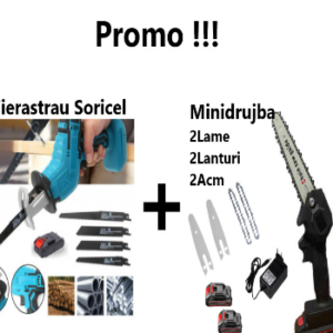Promo!!! Fierăstrău Tip Sabie, Soricel Fără Fir Pentru Taiat si Toaletat Gradina, cu 1 Acumulator si 4 Lame Incluse + Mini drujba 6 inch cu 2 Lanturi, 2Lame, 2 Acumulatori