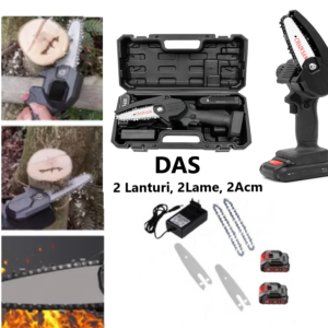 Mini Drujba DAS, 4 inch, Mini Fierăstrău Electric de Mâna, cu 2 Lanturi, 2 Lame, 2 Acumulatori, 24 V