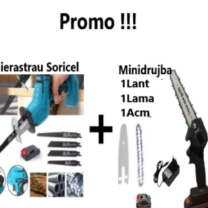 Pachet Promo!!!  Fierăstrău Tip Sabie, Soricel Fără Fir Pentru Taiat si Toaletat Gradina, cu 1 Acumulator si 4 Lame Incluse + Mini drujba 6 inch cu 1 Lant, 1 Lama, 1 Acumulator