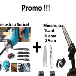 Promo!!! Fierăstrău Tip Sabie, Soricel Fără Fir Pentru Taiat si Toaletat Gradina, cu 1 Acumulator si 4 Lame Incluse + Mini drujba 6 inch cu 1 Lant, 1 Lama, 2 Acumulatori