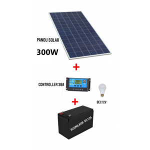 Kit Solar cu Panou Solar Fotovoltaic 300W, Dimensiune 1650x992x35 mm, 18 V, Controller 30A, Bec 12V si Acumulator 12V 7.2A