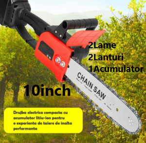 Drujba Motofierastrau cu lant 10 inch, cu 2Lame, 2Lanturi si 1 Acumulator, Lithium 1200 W, 4200rpm