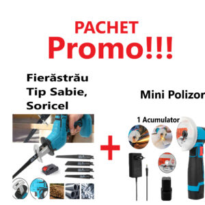 Promo!!! Fierăstrău Tip Sabie, Soricel Fără Fir Pentru Taiat si Toaletat Gradina, cu 1 Acumulator si 4 Lame Incluse + Mini Polizor Unghiular cu 1 Acumulator, Portabil, 12 V, Disc 76MM