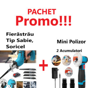 Promo!!! Fierăstrău Tip Sabie, Soricel Fără Fir Pentru Taiat si Toaletat Gradina, cu 1 Acumulator si 4 Lame Incluse + Mini Polizor Unghiular cu 2 Acumulatori, Portabil, 12 V, Disc 76MM