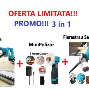 Promo Limitat!!! Suflanta de Aer Electrica, Fara Fir, cu Acumulator, Maturator de Frunze + Mini Polizor Unghiular cu 2 Acumulatori + Fierăstrău Tip Sabie, Soricel cu 1 Acumulator si 4 Lame Incluse
