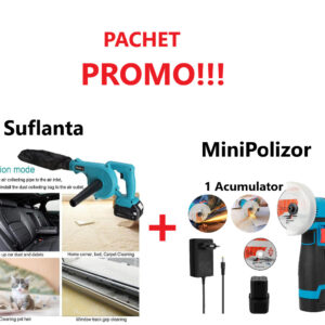 Promo!!! Suflanta de Aer Electrica, Fara Fir, cu Acumulator, Maturator de Frunze + Mini Polizor Unghiular cu 1 Acumulator, Portabil, 12 V, Disc 76MM