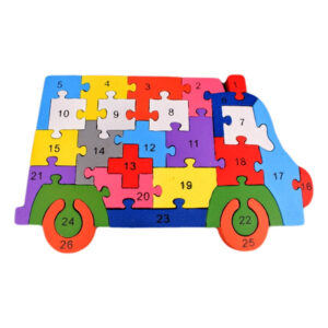 Puzzle 3D din lemn pentru copii cu Alfabet si Cifre, Autobuz, 26 piese