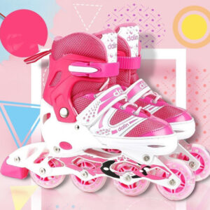 Role si patine cu rotile copii R06, roti silicon cu lumini, marimi reglabile, roz/alb (Marime: 31-34) 01000