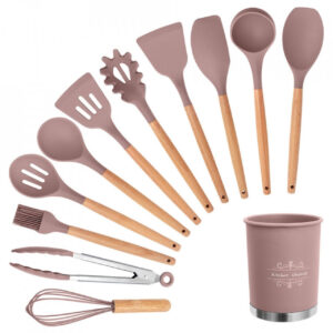 Set 12 Ustensile de Gatit din Silicon cu Maner Rezistent din Bambus si Suport, Roz