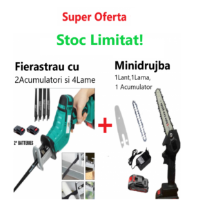 Promo!!! Fierăstrău Tip Sabie, Soricel Fără Fir Pentru Taiat si Toaletat Gradina, cu 2 Acumulatori si 4 Lame Incluse + Mini Drujba Fierastrau cu lama de 15 cm, Complet Echipata cu 1Lant, 1 Lama, 1Acumulator