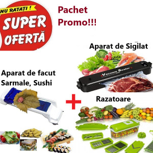 Pachet Promo- Aparat de Facut Sarmale + Razatoare Multifunctionala pentru taiat, feliat, maruntit legume si fructe + Aparat de Sigilat Pungi