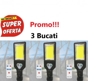 Oferta 3 Bucati x Lampa Solara de Perete, 117 LED-uri COB, cu Telecomanda, Sensor Street Lamp