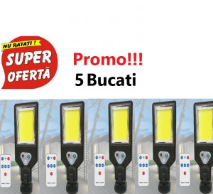 Oferta 5 Bucati x Lampa Solara de Perete, 117 LED-uri COB, cu Telecomanda, Sensor Street Lamp