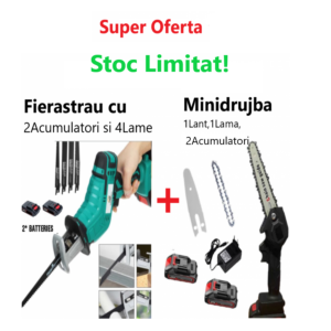 Promo !!! Fierăstrău Tip Sabie, Soricel Fără Fir Pentru Taiat si Toaletat Gradina, cu 2 Acumulatori si 4 Lame Incluse + Mini Drujba Fierastrau cu lama de 15 cm, Complet Echipata cu 1Lant, 1 Lama, 2Acumulatori