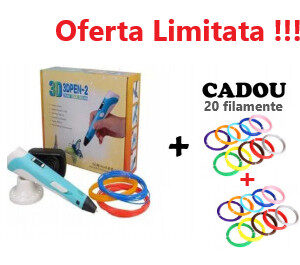 Pachet cu Stilou pentru Desenat In Spatiu 3D, 3DPEN-2 + Cadou 20 Filamente Colorate, Pentru Incepatori, Cu Afisaj Si Filamente Multicolor