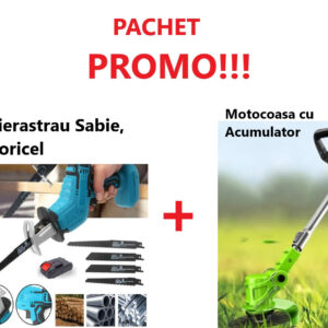 Promo!!! Fierăstrău Tip Sabie, Soricel Fără Fir Pentru Taiat si Toaletat Gradina, cu Acumulator si 4 Lame Incluse + Motocoasa cu Acumulator, Tija Extensibila, Ideala pentru Gospodarie