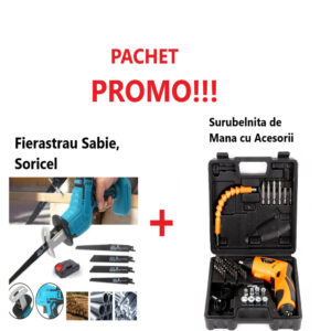 Promo!!! Fierăstrău Tip Sabie, Soricel Fără Fir Pentru Taiat si Toaletat Gradina, cu Acumulator si 4 Lame Incluse + Trusa Surubelnita de Mana pe Acumulator, 45 piese, 2 pozitii functionare