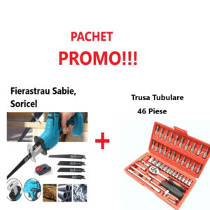 Promo!!! Fierăstrău Tip Sabie, Soricel Fără Fir Pentru Taiat si Toaletat Gradina, cu Acumulator si 4 Lame Incluse + Trusa Chei Tubulare si Biti, 46 Piese, Maner cu clichet 1/4