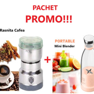 Rasnita Electrica din Inox, 150W, cu Lame de Metal Folosita Pentru Macinarea Boabelor de Cafea + Mini Blender portabil - Smoothie & Shake, incarcare usb 6 Lame otel Inoxidabil,