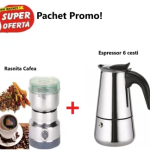 Pachet Promo- Rasnita Electrica din Inox, 150W, cu Lame de Metal Folosita Pentru Macinarea Boabelor de Cafea + Espressor Cafea Pentru Aragaz, Capacitate 6 cesti 0450