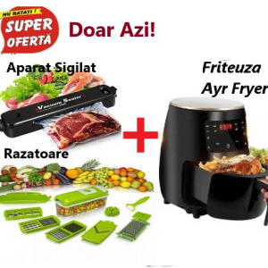 Super Oferta!!! Friteuza cu aer cald Air Fryer, 2400W, Afisaj Digital + Aparat de Sigilat Pungi + Razatoare multifunctionala cu accesorii