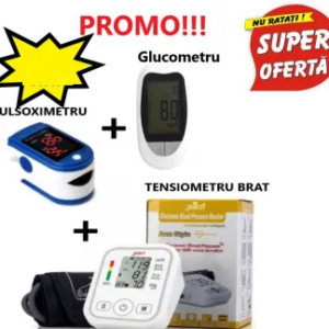 PACHET PROMOTIONAL Tensiometru electronic de brat, cu afisaj LCD + Pulsoximetru pentru masurarea saturatiei oxigenului din sange + Glucometru Pentru Masurarea Glicemiei