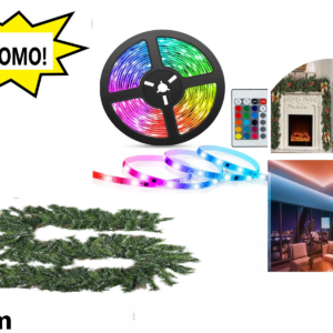 Ghirlanda de brad artificial verde, aspect natural 5m + Banda LED multicolor, lungime 5 metri, Telecomanda inclusa