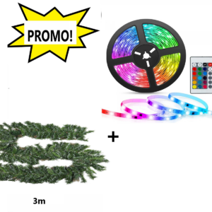 Ghirlanda de brad artificial verde, aspect natural 3m + Banda LED multicolor, lungime 5 metri, Telecomanda inclusa