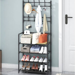 Cuier cu pantofar, Metalic, cu 4 rafturi, Agatatori Negru