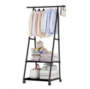 Suport Organizator Multifunctional Negru in Forma de Triunghi, cu Bara Pentru Umerase si 2 Rafturi