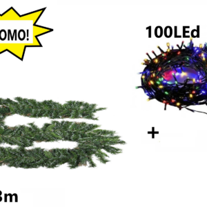 Ghirlanda de brad artificial verde, aspect natural 3m + Instalatie Multicolora 100 Leduri