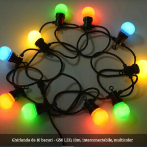 Instalatie, Ghirlanda Luminoasa, 10M cu 10 Becuri LED, Interconectabile, Cablu Negru, Lumina Multicolora