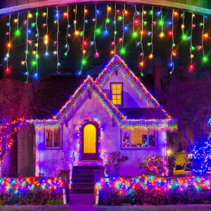 Instalatie Turturi 7085, 120 LED-uri, Colorate, 5.5 metri, Fir Verde Gros, Multiple Jocuri de Lumini, Tip Franjuri, de Exterior