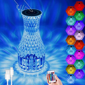 LAMPA DE BIROU PE LED RGB 16, FLIPPY, DIMMER TACTIL, 3 NIVELE DE INTENSITATE, INCARCARE USB, 3W, CRISTAL ACRILIC, 20X12 CM, CU TELECOMANDA, FORMA VAZA, TRANSPARENT