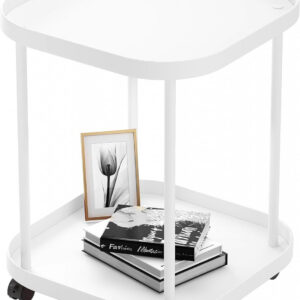 Masa laterala canapea, cu 2 polite si roti Alba