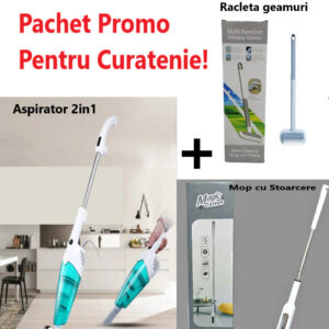 Pachet Promo 3in1 - Aspirator Vertical 2 in 1 Stick, cu filtru HEPA, fara sac, 075BSL + Mop Magic Cotton cu Sistem de Stoarcere Rapida + Racleta 4 in 1 pentru Curatarea Geamurilor
