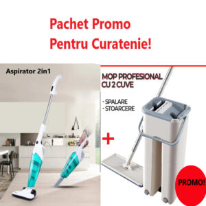 Pachet Promo- Aspirator Vertical 2 in 1 Stick, cu filtru HEPA, fara sac, 075BSL + Mop Profesional Scratch cu Doua Cuve de Spalare si Uscare, BSL