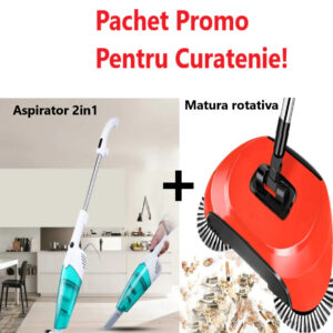 Pachet Promo- Aspirator Vertical 2 in 1 Stick, cu filtru HEPA, fara sac, 075BSL + Matura Manuala Rotativa, 3 in 1, Roto Sweep 360 Grade