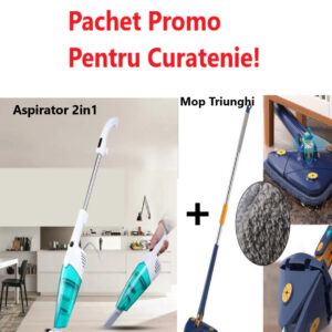 Pachet Promo - Aspirator Vertical 2 in 1 Stick, cu filtru HEPA, fara sac, 075BSL + Mop cu Cap Triunghiular, Reglabil, rotire 360 grade