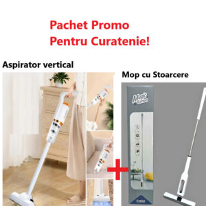 Pachet Promo - Aspirator Vertical Portabil Fara Fir, Wireless, 2 in 1, Fara sac, Control pe maner, Reincarcabil + Mop Magic Cotton cu Sistem de Stoarcere Rapida