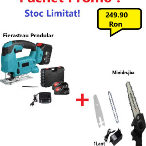 Pachet Promo!!! Fierastrau Pendular cu 2 Acumulatori, 18V, 3000mAh + Mini Drujba Fierastrau, Complet Echipata cu Lant, Lama, Acumulator