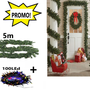 Ghirlanda de Brad Artificial Verde cu Conuri Naturale 5m + Instalatie Multicolora 100 Leduri