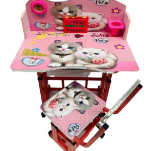 Set birou si scaunel, pentru copii, 0100-244- GFI(71)-1A, Birou cu scaun copii, colantat, reglabil, cadru metalic, model cu Pisicute