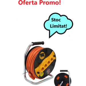 Prelungitor Profesional 50M cu Tambur și 4 Iesiri - Cablu Interior 3 Fire Groase x 2,5mm, Rezista la Consum Mare