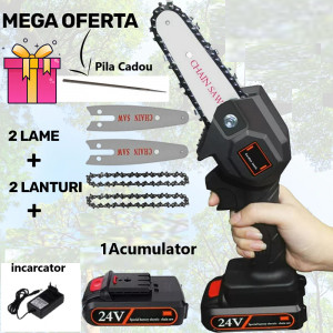 Super Oferta - Mini Drujba Fierastrau, complet echipata, cu 2Lame, 2Lanturi, 1Acumulator si incarcator + 1 Pila de Ascutit CADOU!