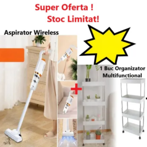 Oferta Promo! - Suport Organizator Multifunctional cu 4 Etajere, Pentru Baie sau Bucatarie + Aspirator Vertical Portabil Fara Fir, Wireless, 2 in 1, Fara sac