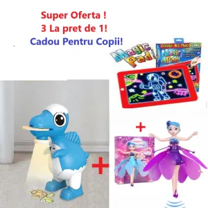 Oferta Cadou de Craciun! Proiector Pentru Desen in Forma de Dinozaur Albastru +Papusa Zana Zburatoare Tip Drona, cu incarcare USB+ Tableta De Desenat, Magic Pad 8 efecte luminoase