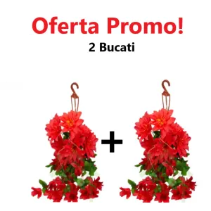 Oferta 2 Bucati x Ghiveci Suspendat cu Flori Rosii Artificiale
